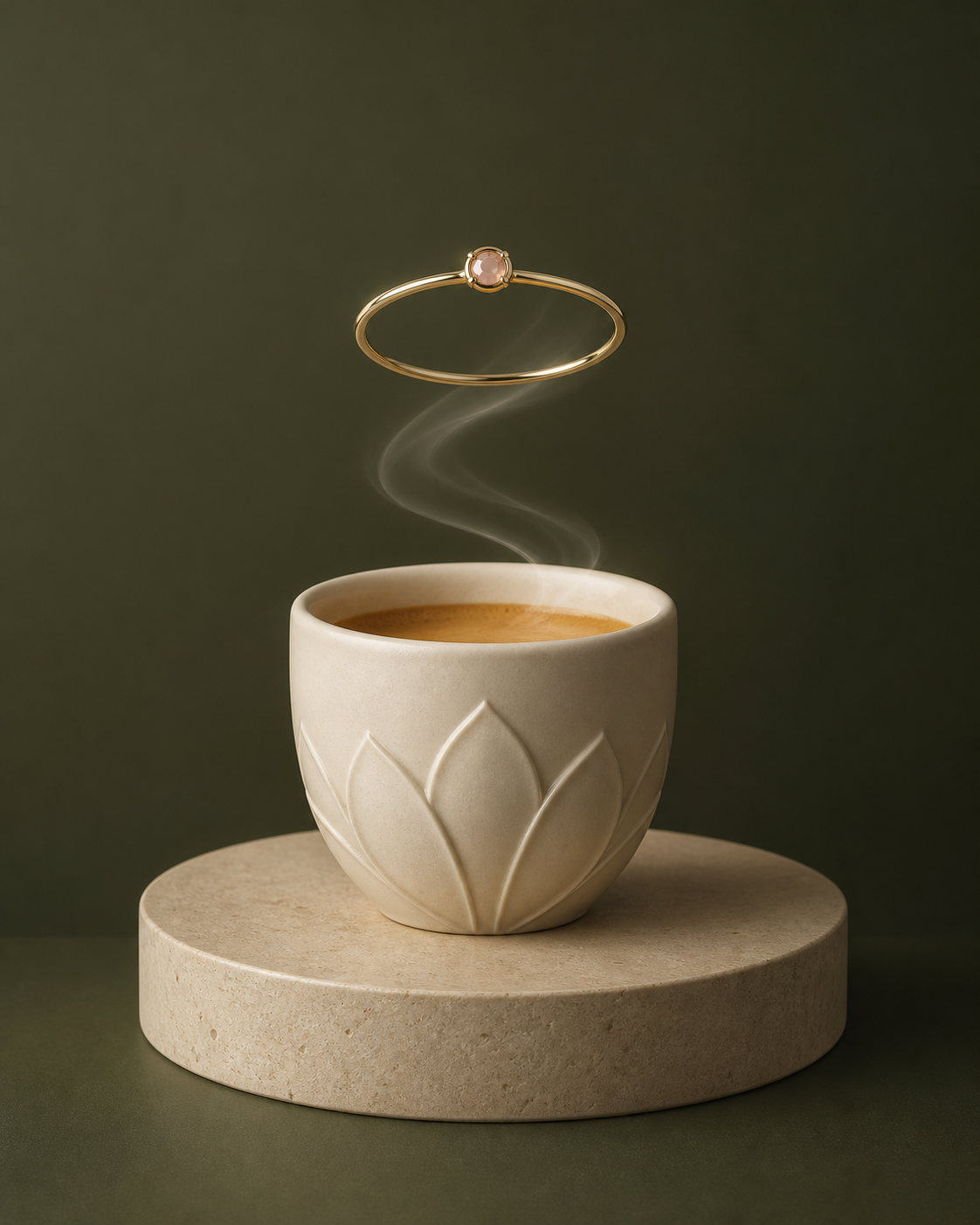 Taza Kilotus con una joya flotando sobre el aroma del café
